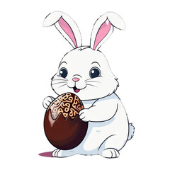 Colorful illustration of a cute fat Easter bunny holding a vivid chocolate Easter egg isolated on a transparent background.