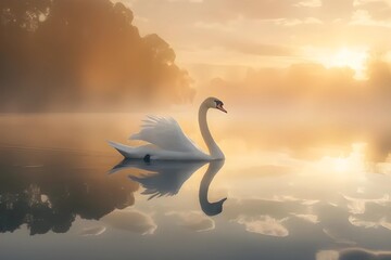 In the tranquil embrace of dawn, a majestic swan moves gracefully across a serene lake, its elegance mirrored in the calm water.