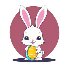 Colorful illustration of a cute Easter bunny holding a vivid chocolate Easter egg isolated on a transparent background.