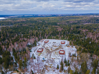 Aerial view of Plokstine missile base - an underground base of the Soviet Union. It was built near...