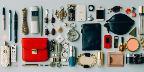 The knolling different women accessories - obrazy, fototapety, plakaty