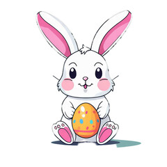 Colorful illustration of a cute Easter bunny holding a vivid chocolate Easter egg isolated on a transparent background.