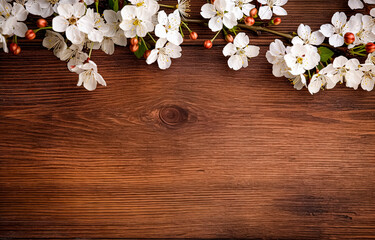 Fototapeta na wymiar Cherry blossoms on rustic wooden background with copy space. Selective focus.