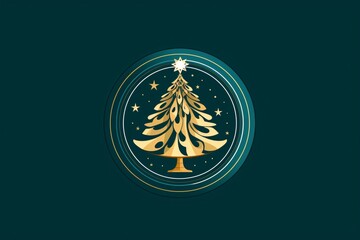 a gold christmas tree in a circle - obrazy, fototapety, plakaty