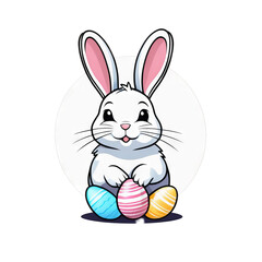 Colorful illustration of a cute Easter bunny holding a vivid chocolate Easter egg isolated on a transparent background.