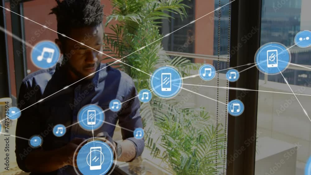 Poster animation of network of connections over biracial man using smartphone
