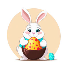 Colorful illustration of a cute Easter bunny holding a vivid chocolate Easter egg isolated on a transparent background.