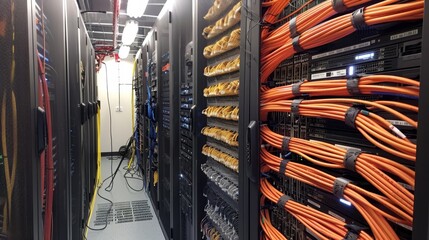A backdrop of a server room with network cables