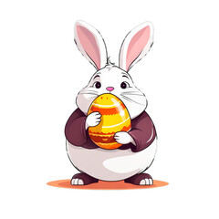 Colorful illustration of a cute Easter bunny holding a vivid chocolate Easter egg isolated on a transparent background.