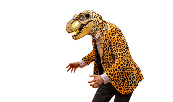 Dancing man in leopard jacket with dinosaur mask.