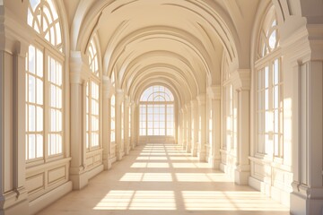 a long hallway with arched ceiling and windows - Powered by Adobe