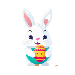 Colorful illustration of a cute Easter bunny holding a vivid chocolate Easter egg isolated on a transparent background.