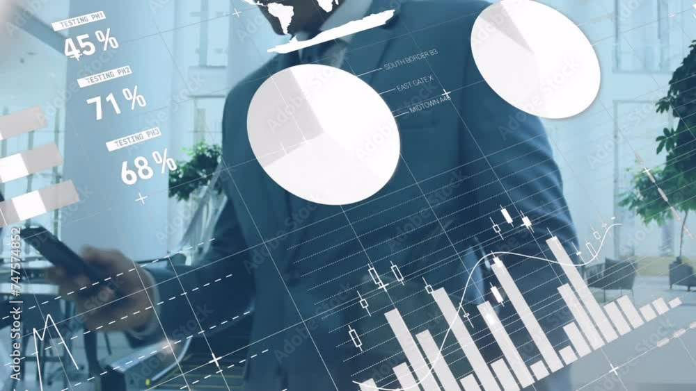 Poster animation of diagrams and data processing over caucasian businessman using smartphone