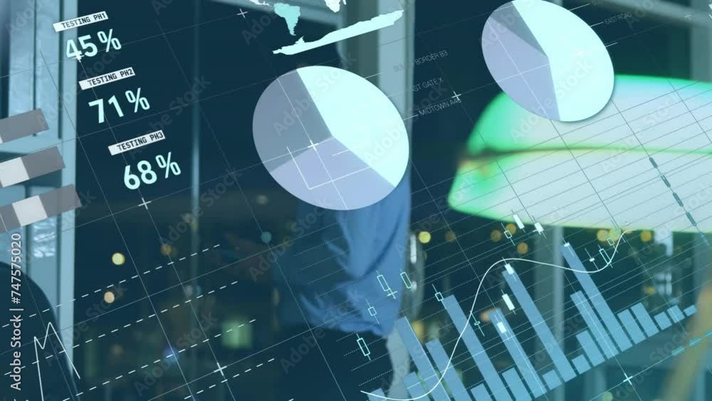 Poster animation of diagrams and data processing over caucasian businessman using smartphone