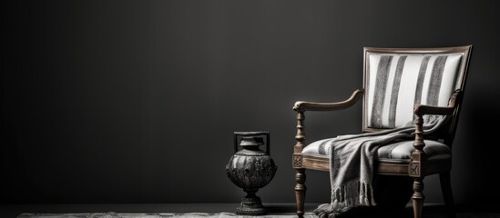 An antique oak chair with a cashmere muffler draped over it, a vase resting nearby, all set on a patterned rug in a bright room with a clear background. - obrazy, fototapety, plakaty