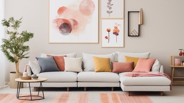 Stylowe minimalistyczne wnętrze salonu z designerską sofą, meblami, nowoczesnym obrazem i eleganckimi akcesoriami osobistymi. Wystr&oacute;j domu. Mockup na ścianie na plakat. Projektowanie wnętrz. Szablon. 
