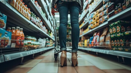 Woman walking in supermarket with shopping cart buying products from shelves - obrazy, fototapety, plakaty