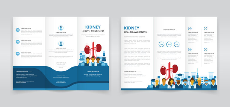 Trifold brochure, pamphlet or triptych leaflet template ideal for world kidney day, national kidney month, or any other awareness program about renal diseases