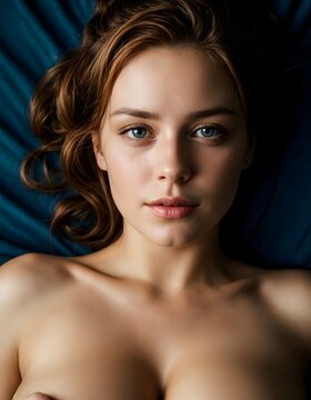 Lying down, a woman's serene face is framed by tousled hair, with her tranquil expression inviting a sense of calm. The contrast of her blue top against the soft bedding adds to the peaceful
