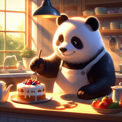 A panda bear baking a cake in a sunny kitchen,