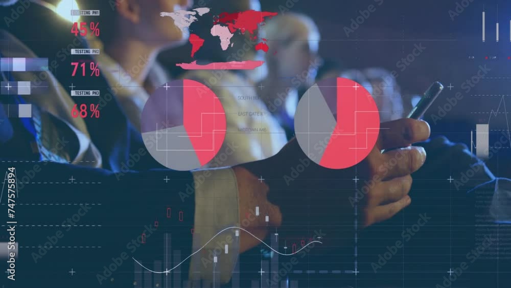 Poster animation of diagrams and data processing over caucasian businessman using smartphone at meeting