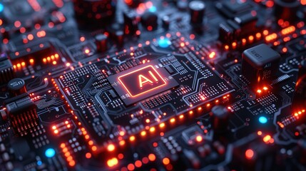 Fototapeta premium Ultra Realistic Photo, Realistic photograph of a top view of intricate modern technological , Artificial Intelligence concept, 3d rendering, conceptual with the text 
