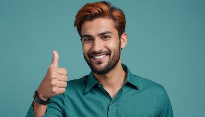 A smiling man in a green shirt with a positive thumbs up gesture, exuding confidence and friendliness. - obrazy, fototapety, plakaty
