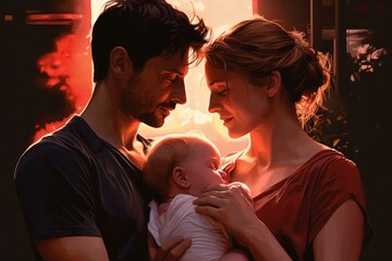 a man and woman holding a baby - obrazy, fototapety, plakaty