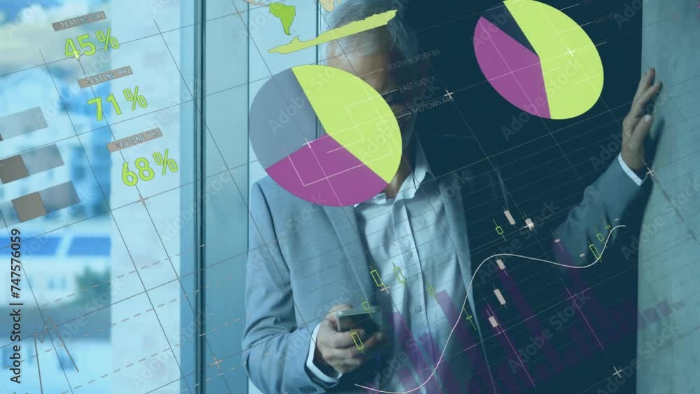 Poster animation of diagrams and data processing over caucasian businessman using smartphone