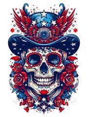 Ornate american flag skull, 4th of july, usa independence day, t-shirt design or poster, isolated on white background