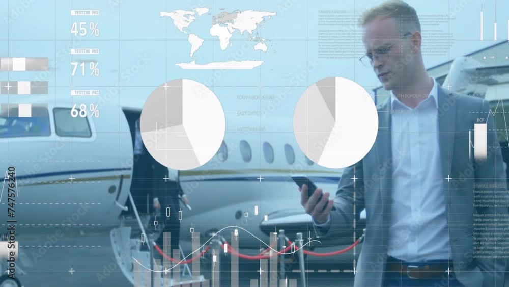 Poster animation of diagrams and data processing over caucasian businessman using smartphone at airport