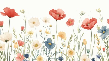 gentle watercolor painting of a meadow brimming with whimsical flowers and foliage in a delicate, pastel color palette