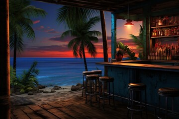 a bar with stools and palm trees on a beach