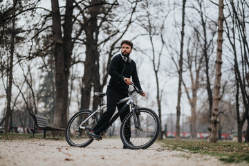 A businessman in casual attire takes a break to cycle in the park, reflecting a balance of entrepreneurship and health.