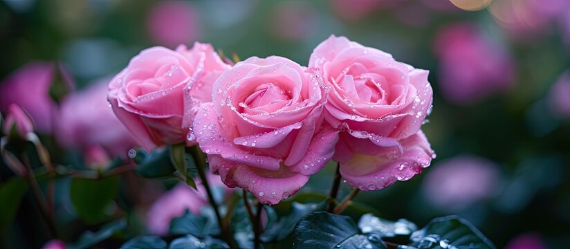 A close-up photograph capturing the beauty of a bunch of pink roses adorned with delicate water droplets.