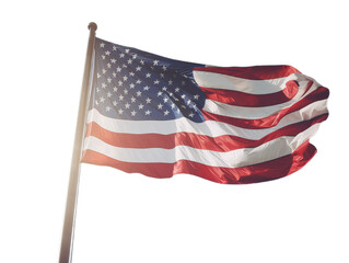 The waving flag of USA, red and white stripes and white stars. Isollated on the transparent background.