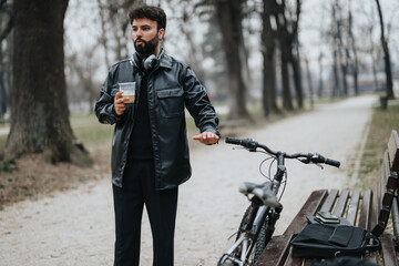 A young businessman in a leather jacket stops for a coffee break in the park with his bicycle and headphones.