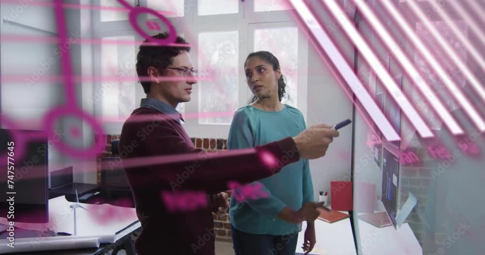 Poster animation of data processing and diagrams over diverse colleagues discussing work in office