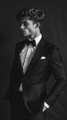 Fototapeta premium Handsome Groom in tuxedo or suit ready for the wedding to take the love of his life Generative AI