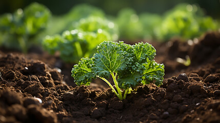 Organic young green leaf curly kale cabbage growing in garden close up - obrazy, fototapety, plakaty