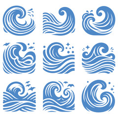 Sea waves zigzag lines. Set of line water waves icon, sign with simple doodle wave. Vector wave icons ornament on Blue background. Water logo, ocean symbol collection.