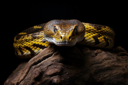 a yellow and black snake on a rock