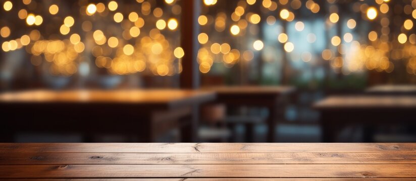 A wooden table top is shown against a blurred background of restaurant lights, creating a warm and inviting atmosphere. The lights in the background create a soft glow,