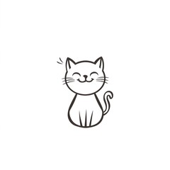 A minimalist illustration of a smiley cat, outlined in elegant black lines, positioned centrally on a white background. The cat is sitting with its tail curled around its paws, eyes looking directly f