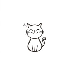 Obraz premium A minimalist illustration of a smiley cat, outlined in elegant black lines, positioned centrally on a white background. The cat is sitting with its tail curled around its paws, eyes looking directly f