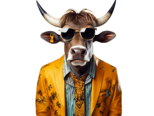 Cool bull in the sunglasses and suit on the transparent background