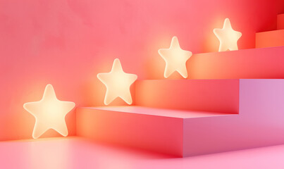visual metaphor for stepping up to success with illuminated stars on gradient stairs - obrazy, fototapety, plakaty
