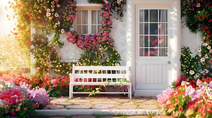 Fototapeta na wymiar a white bench sitting in front of a house covered in flowers 