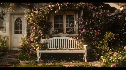 a white bench sitting in front of a house covered in flowers  - obrazy, fototapety, plakaty