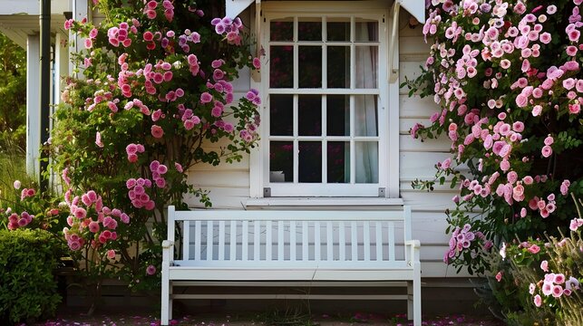 a white bench sitting in front of a house covered in flowers 